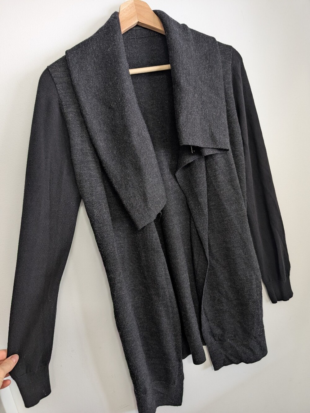 All Saints XS Wool Cardigan Black Grey Knit Urban Asymmetrical Flowy Open Front